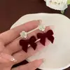 Brincos Festivos de Veludo Vermelho com Laço para Mulheres, Doces e Elegantes Brincos Longos com Franjas Florais para Outono e Inverno