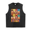 Camiseta de anime con estampado floral desgastado, efecto lavado, opciones de manga corta y manga larga, corte holgado, unisex, manga corta temática de anime