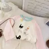 Camiseta de manga larga a rayas raglán con bloques de color y estampado de animales de dibujos animados para niñas coreanas, top de primavera y otoño