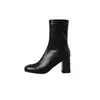 Botas Elásticas de PU Femininas Botas Emagrecedoras Outono e Inverno Novo Estilo Versão Coreana Bico Redondo Zíper Lateral Salto Alto Grosso Botas Elásticas de Tornozelo Femininas Botas Únicas