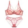 Conjunto de Lencería Sexy de Encaje Rosa para Mujer Talla Grande Pura Pasión Sujetador Transparente Mostrando Senos Grandes Sujetador Pequeño Push-Up Ultra Delgado