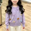 Cárdigan de punto morado para niña, nuevo estilo de otoño, decorado con moños coloridos tridimensionales, abrigo suéter de cuello redondo