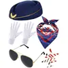 Cosplay de Aeromoça Mais Quente da Amazon Pronto para Baile de Máscaras Traje Pronto Peça Única Chapéu Óculos de Sol Lenço de Seda Broche
