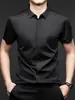 Camisa Popular de Lujo Ligero de Alta Gama Sin Costuras de Color Sólido con Cuello Solapa Oscura de Manga Corta de Seda de Morera Nuevo Estilo de Verano para Hombre