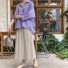 ELS Otoño Nuevo estilo coreano suelto adelgazante camisa de algodón y lino de manga larga Top retro de lino con mangas de murciélago moradas para mujer
