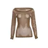Nova Moda Design Americano Letra Strass Malha Transparente Ombro a Ombro Manga Longa Camiseta para Mulheres Versátil Emagrecedor Top
