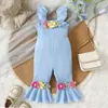 Mameluco de Bebé con Tirantes Florales, Pantalones de Niña Estilo Waffle, Suministro Transfronterizo, Pantalones Acampanados de Verano para Niña en Stock