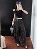 Calça pantalona de seda gelada com estampa de leopardo para o verão, cintura elástica, calça casual solta e fluida, relaxada e versátil para caminhar