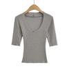 7665-25 Nuevo Estilo Otoño Estilo Europeo y Americano Mangas Tres Cuartos Cuello Redondo Grande Cintura Elástica Ajustada Camiseta Interior Superior Camiseta