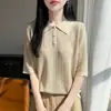 Estilo Old Money Transfronteiriço 26 Verão Feminino Gola Reversível Padrão Ondulado Vazado Manga Curta Malha Respirável Fina Versátil Blusa