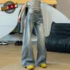 Jeans Larga de Cintura Alta com Estampa de Bambu Curva Estilo Americano para Mulheres, Novo Inverno 2025 Cor Clara Emagrecimento Flare Comprimento Total