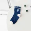 Calcetines de Media Caña de Algodón Peinado Azul Nuevo de Primavera y Verano para Mujer ins Modernos Estilo Coreano con Letra M Rayados Japoneses para Pareja
