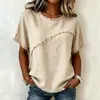 2026 Verano Transfronterizo Europeo y Americano Amazon Nuevo Estilo Cuello Redondo Casual Panel de Borde Crudo Holgado Top de Manga Corta de Algodón y Lino para Mujer