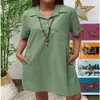 2026 Aliexpress Amazon Wish Cruzado Europeo y Americano Algodón y Lino Color Sólido Hombro Caído Manga Corta Bolsillo Vestido Casual