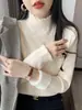 Outono e Inverno Espessado Quente Peça Única Lã Meia-gola Top Elegante Roupa Feminina Camisa Base Interna Suéter Tricotado com Borda de Madeira