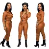 D9191 Amazon Quente Moda Casual Feminina Europeia e Americana Cor Sólida Alta Elasticidade Macacão de Couro (cinto incluído)