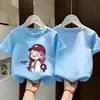 Camiseta de Algodão Puro de Manga Curta para Meninas, Nova Estampa de Verão, Blusa Solta, Confortável, Respirável e Versátil de Manga Meia-Manga para Crianças
