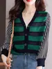 Falso Dos Piezas 2025 Otoño e Invierno Nuevo Estilo Cuello en V Elegante Cárdigan de Punto Prenda Exterior Suéter con Rayas para Mujer