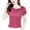 Diseño de Encaje Hermosas Blusas de Mujer Nueva Camiseta Flor Estéreo Color Puro Seda Brillante Malla Manga Corta Camiseta Básica para Mujer