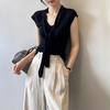 Chaleco de Punto con Escote en V Estilo Francés con Cinta para Mujer, Camiseta Básica sin Mangas de Lana, Top Delgado Elegante de Corte Ajustado