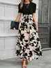 Vestido Patchwork Falso de Dos Piezas Transfronterizo de Amazon con Mangas Cortas Abullonadas, Cintura de Lazo Estampada, Dobladillo Fruncido y Falda de Longitud Media