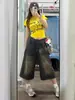 Jeans Crop Americanos Retro Desgastados para Mujer Tallas Grandes Verano Cintura Alta Sueltos Adelgazantes Versátiles Pantalones de Pierna Ancha