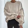 Suéter tejido de punto suelto casual de color liso con cuello redondo para mujer, talla grande, manga larga, cordón, adelgazante, de Amazon europeo y americano