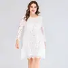 Vestido de Encaje Talla Extra Verano 2020 Manga Larga Falda Corta Rojo Hueco Flor Elegante para Mujer Elegante Talla Extra Grande