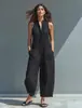 2026 Amazon Temu Macacão Casual Feminino Simples de Mistura de Linho com Botões Gola Alta Sem Mangas Solto