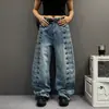 Diseño retro americano sentido múltiples ojales jeans cimitarra mujer sensación perezosa relajada casual pantalones de pierna ancha hasta el suelo
