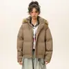 Jaqueta de Algodão com Capuz e Gola de Pelo Removível para Homens e Mulheres, Nova Parka Curta de Algodão Grossa Estilo Americano para o Inverno