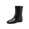 Botas de punta partida de diseño avanzado con doble hebilla de cuero, botas de pantorrilla delgadas, Otoño/Invierno 2026, tacón de bloque, tacón medio, punta redonda, botines de cuero genuino para mujer