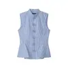Comercio exterior transfronterizo moda verano 2026 diseño elegante cuello alto abotonado rayas cintura entallada estilo commuter top