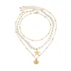 Collar con Colgante de Estrella de Mar y Concha Abanico Marino de Vacaciones Transfronterizo Europeo y Americano Collar de Cadena Metálica Apilado Multicapa Ins