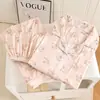 Pijama Novo de Primavera para Mulheres, Cardigã de Manga Longa, Lapela, Tamanho Grande, Roupa de Casa Solta, Mistura de Algodão Elástico 180g