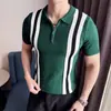 Camisa Polo de Punto Rayado de Seda de Hielo para Hombre, Verano Fina de Lujo Estilo Británico Corte Ajustado Versátil Cuello Camisero Manga Corta Camiseta Moderna