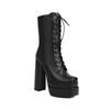 Botas Botas Femininas de Cano Médio Outono e Inverno Novas Bico Quadrado Sola Grossa Salto Grosso Salto Super Alto Cadarço Frontal Botins Casuais Femininos