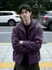 Chaqueta bomber morada de retazos deconstruida con cuello alto para hombre otoño boxy corta ancha hombro normal chaqueta de béisbol chaqueta corta americana