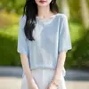 Top Camiseta de Punto de Lino con Perlas, Cuello de Una Línea, Mangas Murciélago Cortas, Color Sólido, Nuevo para Primavera/Verano 2026