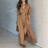 Vestido Camisa Texturizado Color Caramelo Transfronterizo 2026 con Cinturón de Hebilla Cuadrada Metálica, Cuello Camisero y Mangas Enrollables, Vestido de Vacaciones