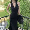 Elegante vestido de socialité negro con lunares, sin hombros, vestido largo de verano de alta gama para mujer, ajustado a la cintura, corte slim, transfronterizo
