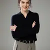 Suéter de Malha Feminino Gola Polo Cashmere Outono/Inverno 2026 Suéter Pulôver de Gola V Canelado Camada Base de Malha