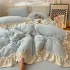 Juego de ropa de cama de cuatro piezas de encaje francés de grado A para invierno, con funda de edredón de vellón de doble cara y sábana bajera de terciopelo coral de vellón