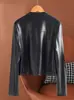 Chaqueta de Cuero Corta Estilo Coreano Completamente Curtida al Vegetal para Mujeres Petites, Chaqueta de Cuero de Primavera con Cuello Alto, Chaqueta Biker Casual