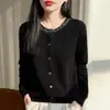 Cardigan de Punto Color Sólido con Adorno de Pedrería, Estilo Minimalista Nuevo para Primavera 2026, para Mujer, de Botones al Frente, Corte Ajustado, Elegante, de Manga Larga, para Ir al Trabajo