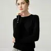 2026 Inverno Novo Cashmere Gola Redonda Tricô Manga Longa Botões nos Punhos Feminino Cor Sólida Camada Base Suéter
