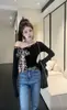 Camisa de Manga Larga con Estampado de Leopardo, Cordones, Hombro Descubierto, Cuello Asimétrico, Pura Pasión, Sexy, Temperamento Sexy, Súper Adelgazante, Calidad, Camisa Base