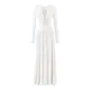 Vestido Elegante Largo de Manga Larga con Patchwork de Encaje y Pliegues, Escote en V Profundo, Estiliza la Cintura, Corte Ajustado, Para Mujer