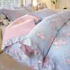 Faldón de Cama Estilo Coreano Juego de Ropa de Cama de Algodón Puro de Cuatro Piezas 100% Algodón Estilo Princesa ins Juego de Sábana para Cama de Dormitorio de Tres Piezas Funda de Edredón Individual