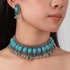 Conjunto de pendientes y collar exagerados, estilo étnico europeo y americano transfronterizo, estilo bohemio retro, con incrustaciones de cristal y turquesa.